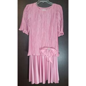 VINTAGE 80s AFTER DARK Pink SZ 7/8 Evening Satin Crepe Dress Bow Rhinestone